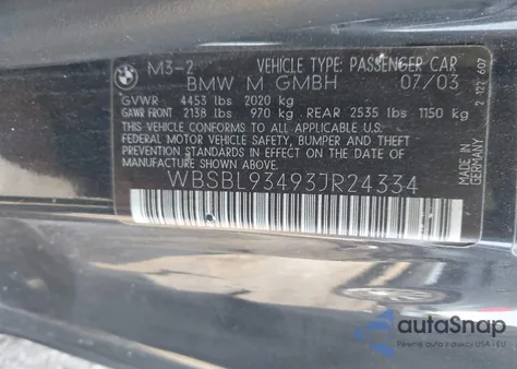 2003 BMW M3 z USA, uszkodzony, nr VIN WBSBL93493JR24334